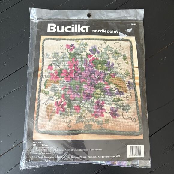 NEW Vintage 1994 Bucilla Needlepoint Violets 12 X 12 Pillow Kit 4694 - Picture 1 of 4